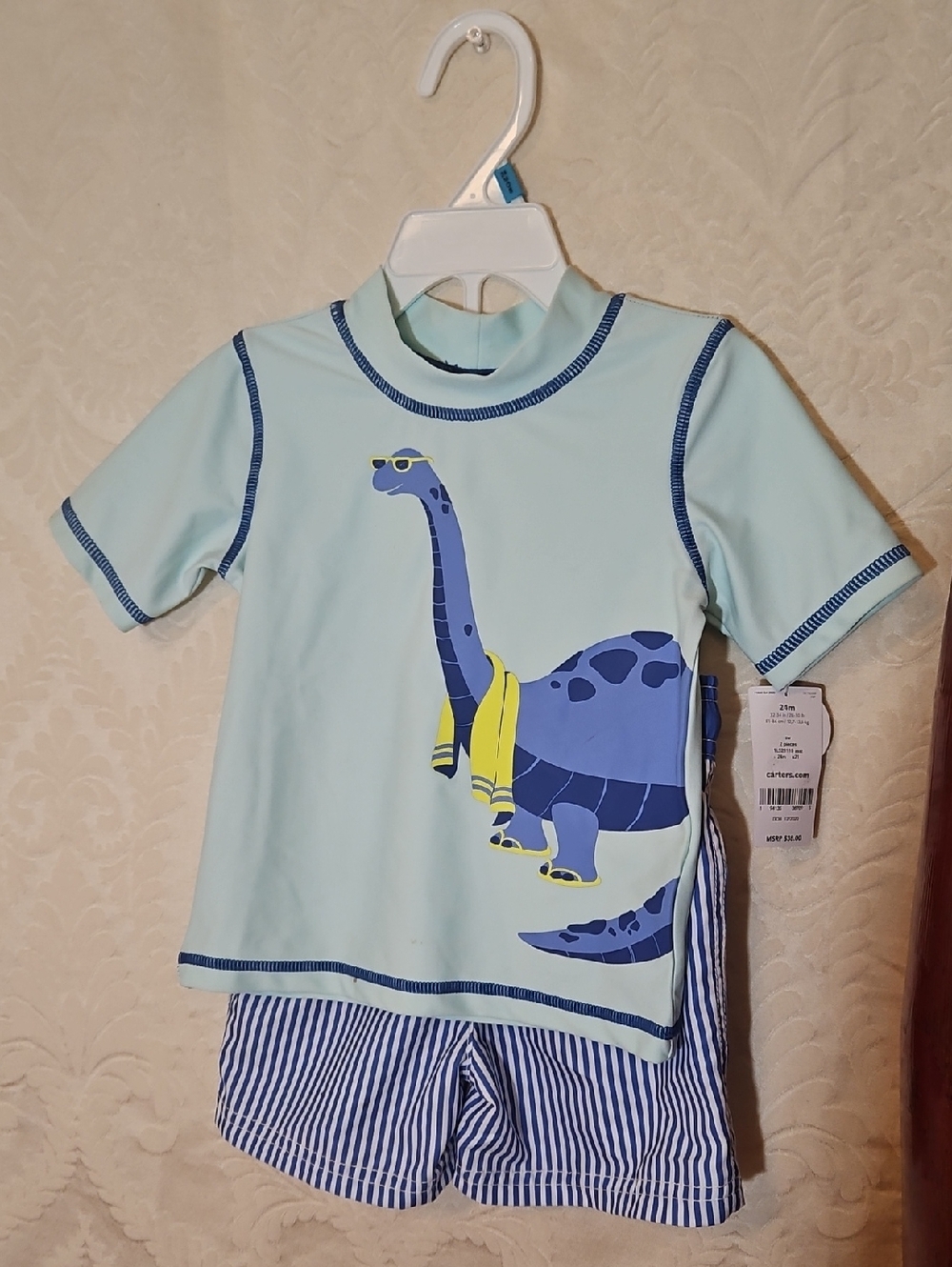 Carter's Light Blue Dinosaur Swim Set with Navy Stripes